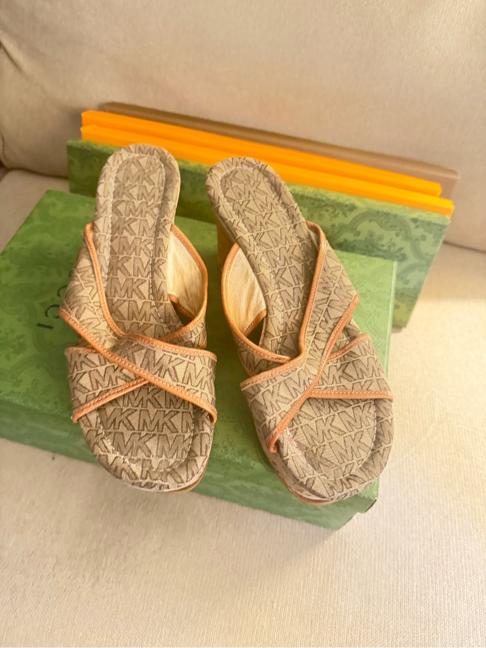 Michael Kors Beige/Tan MK Monogram Crisscross Slide Mules